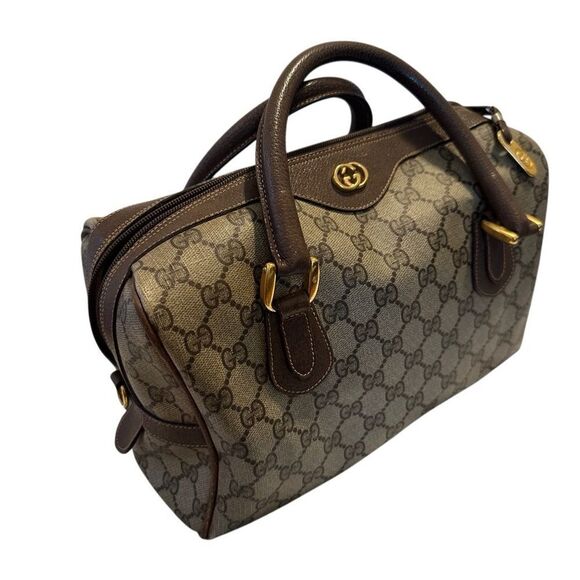 Gucci Brown Leather Satchel with Monogram Canvas - Picture 15 of 16